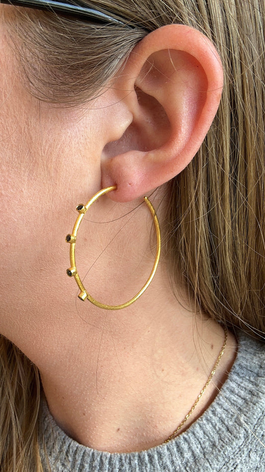Vintage Blue Sapphire brushed gold hoops