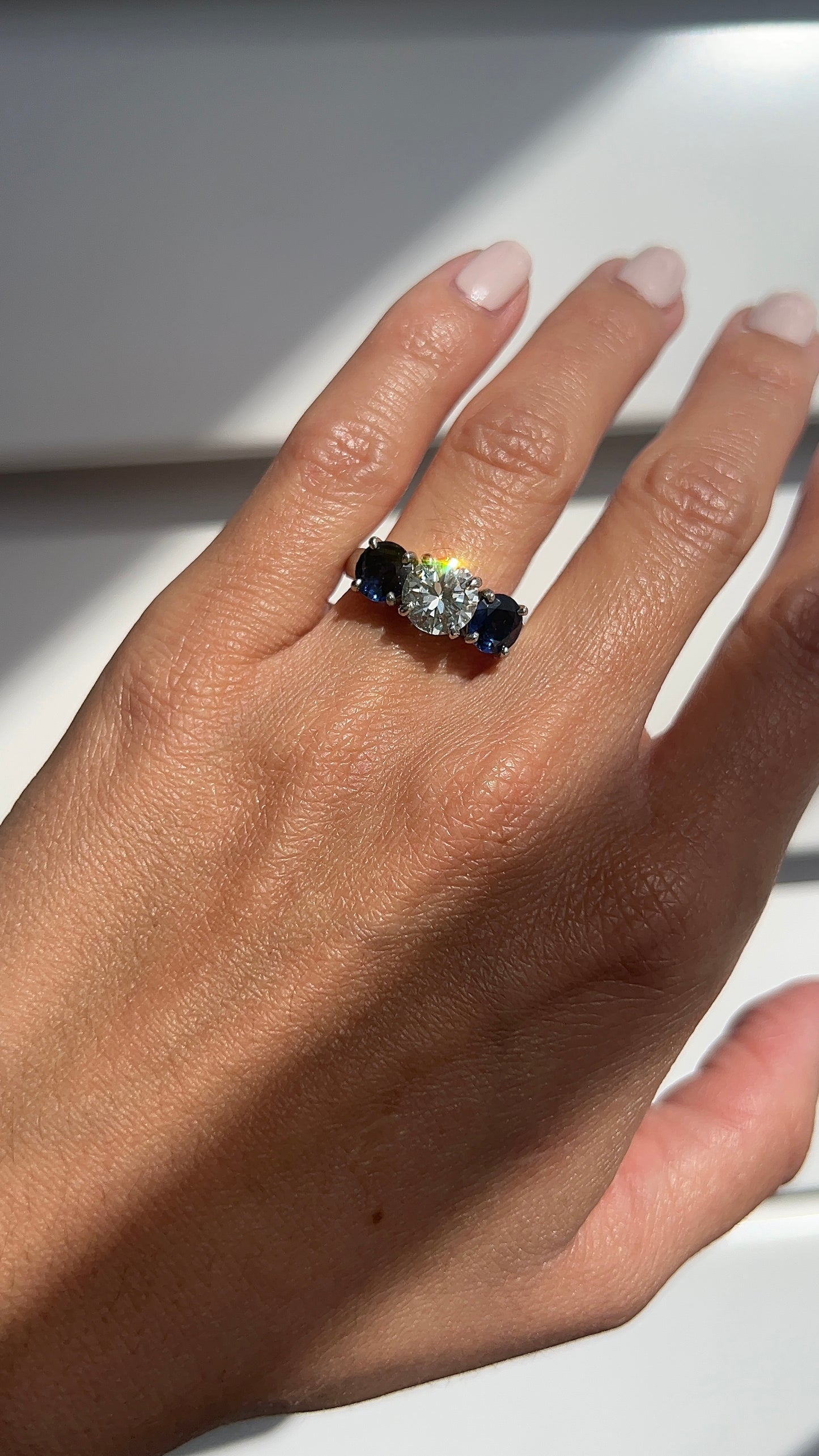 Vintage Blue Sapphire and Round Diamond Tri-Stone Ring