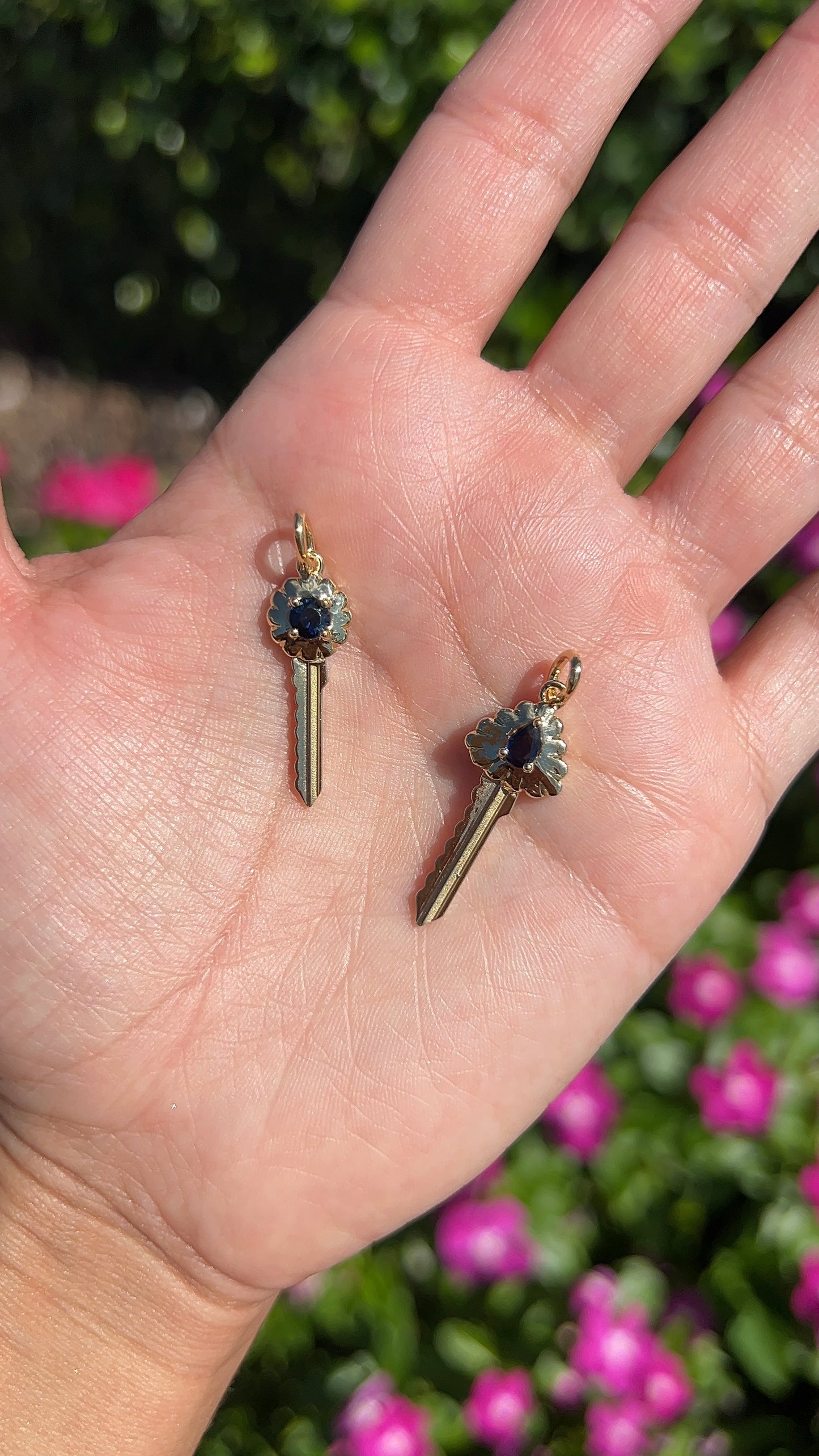 Blue Sapphire Pear Scalloped Key Pendant