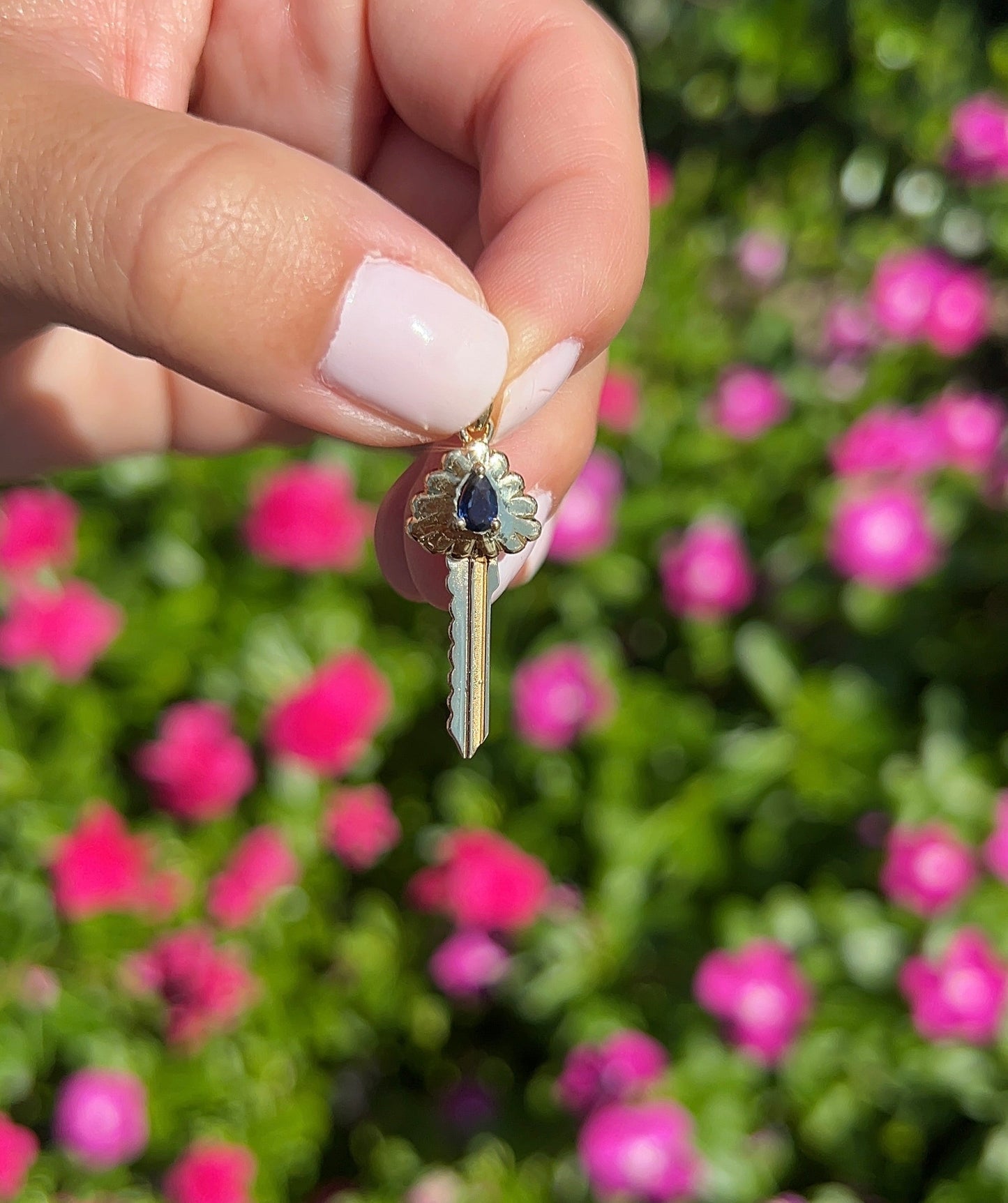 Blue Sapphire Pear Scalloped Key Pendant