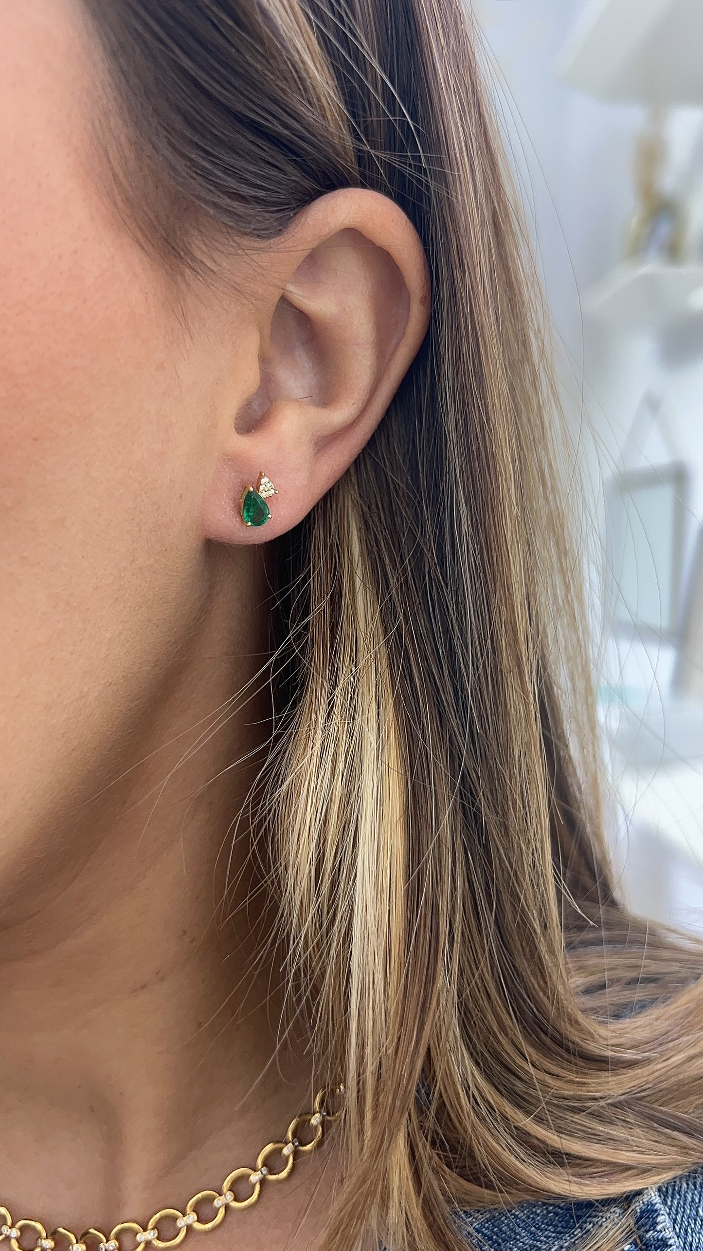 Stacked Emerald and Diamond Pear Stud