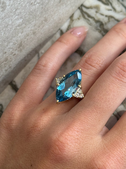 Estate Marquise Cut Blue Topaz and Diamond Ring