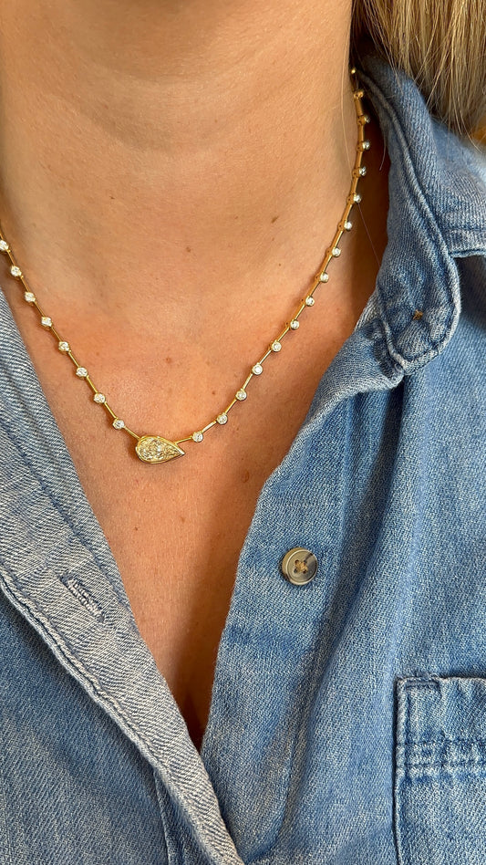Spaced Diamond Necklace with Bezel Pear Diamond Center – Henri Noël