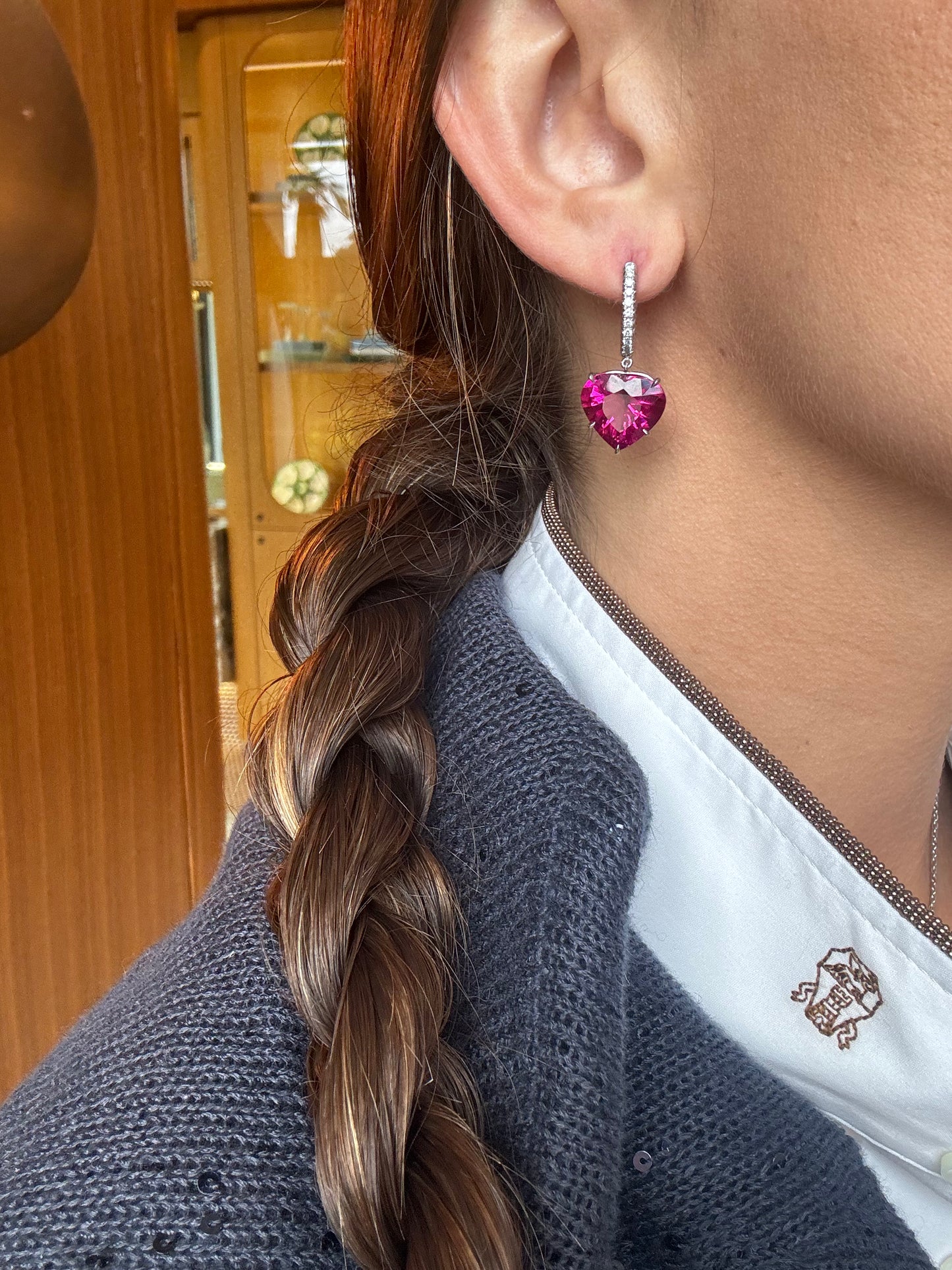 Heart Shaped Rubelite Drop Diamond Hoops