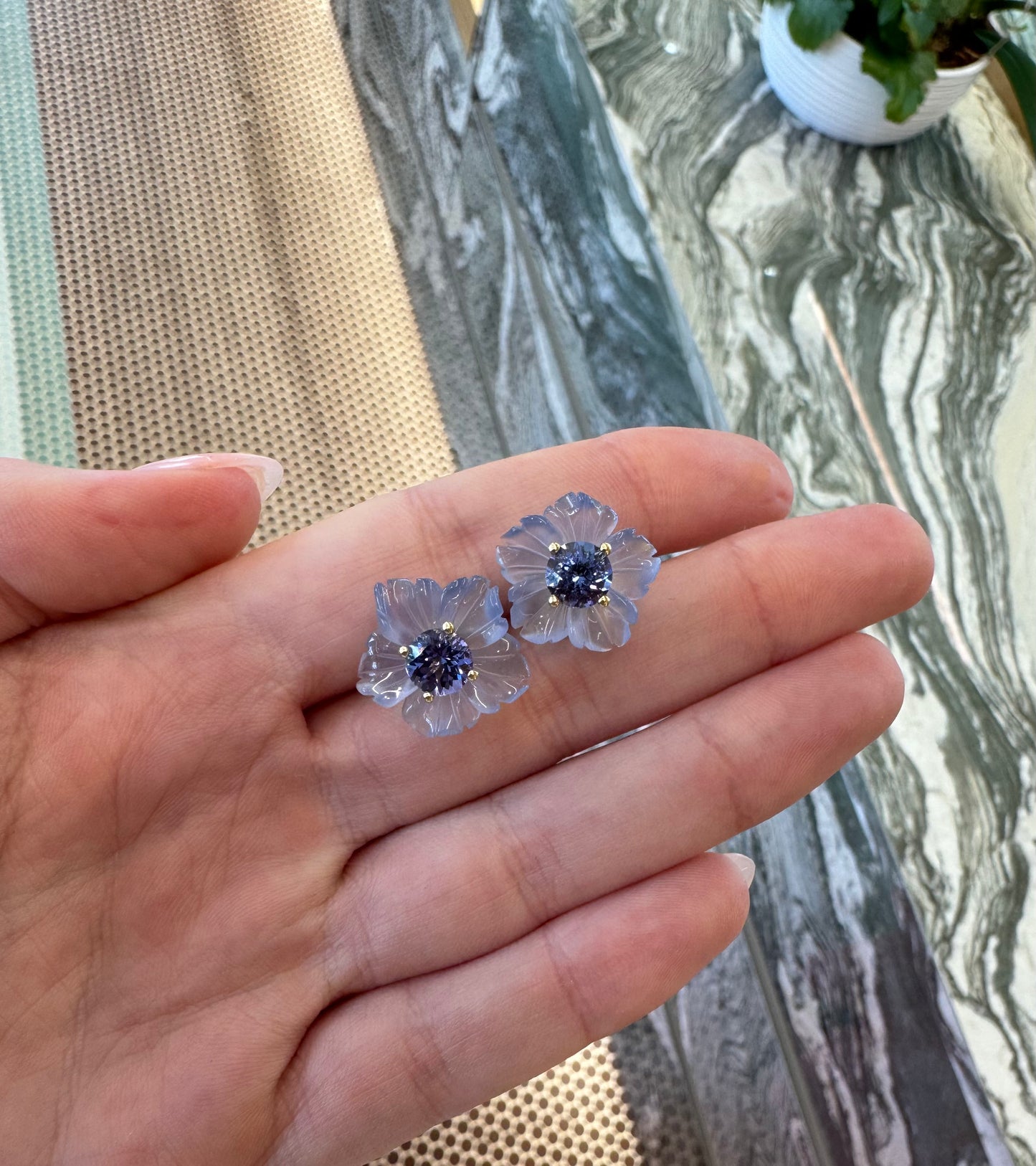 Sophie Joanne-Hibiscus Flower Stud Earring Chalcedony Tanzanite – Henri Noël