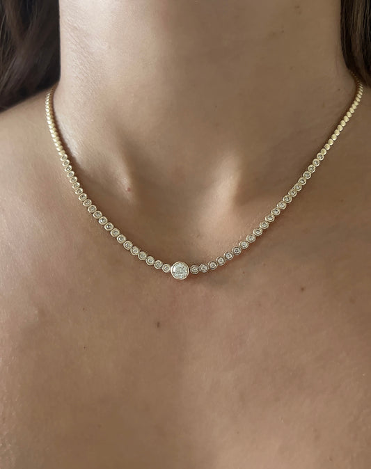 Center Diamond Half Bezel Tennis Necklace