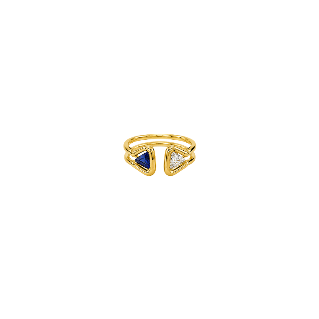 Triangle Cut Blue Sapphire and Diamond Cuff Ring