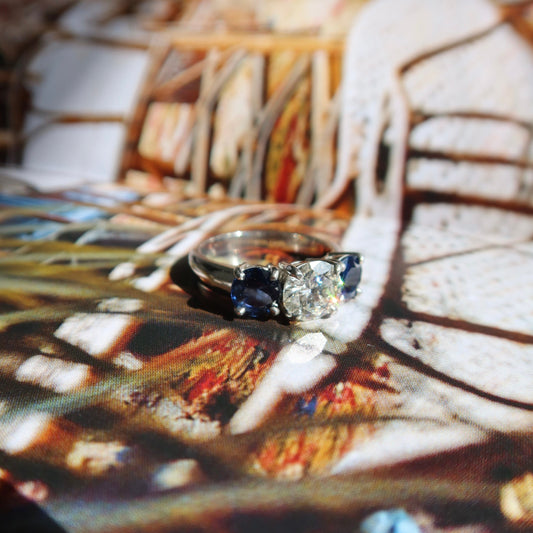 Vintage Blue Sapphire and Round Diamond Tri-Stone Ring – Henri Noël