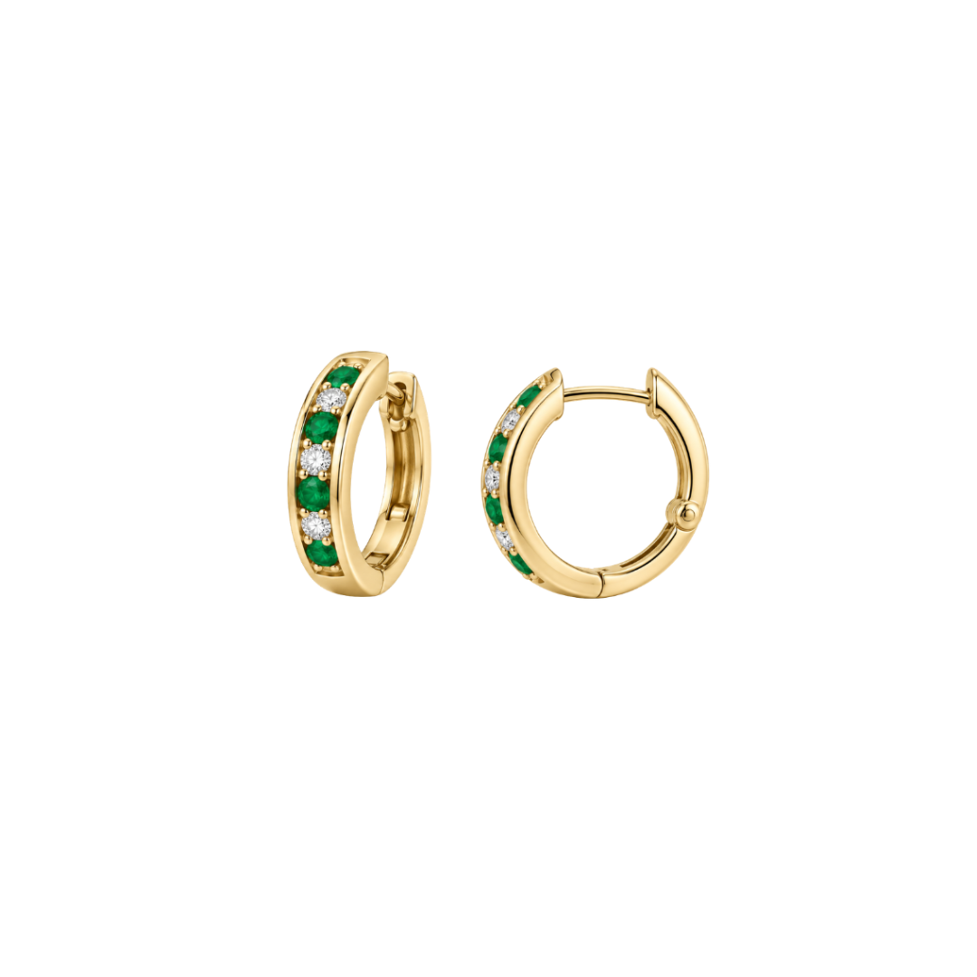 Estate Yellow Gold Emerald & Diamond Hoop Earrings