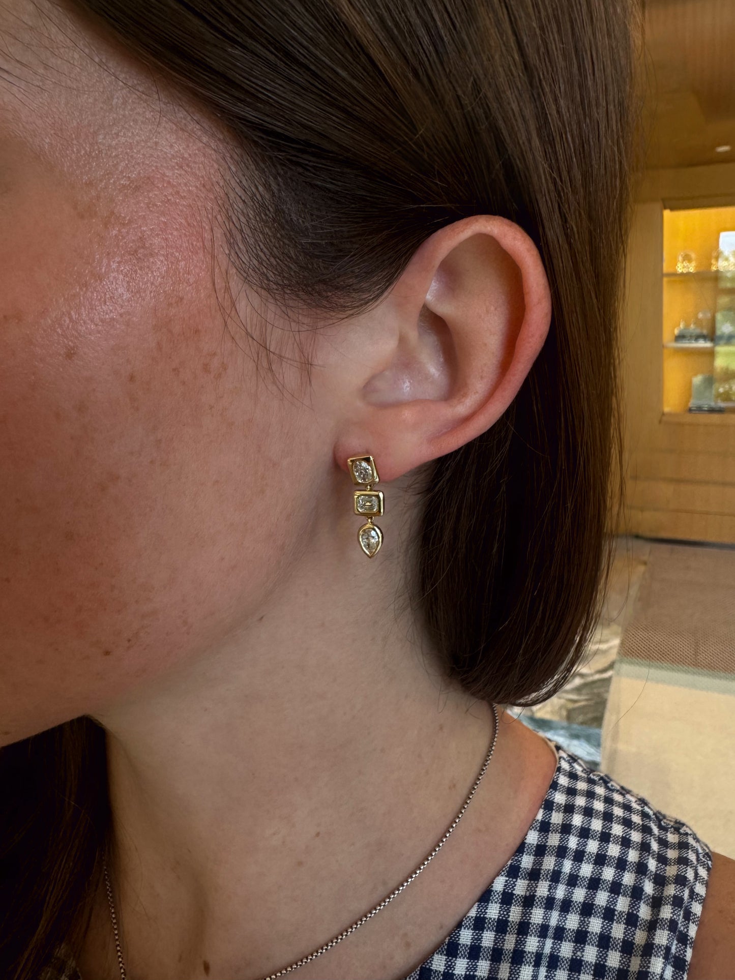 Bezel Oval, Pear and Emerald-Cut Diamond Dangle Earrings – Henri Noël