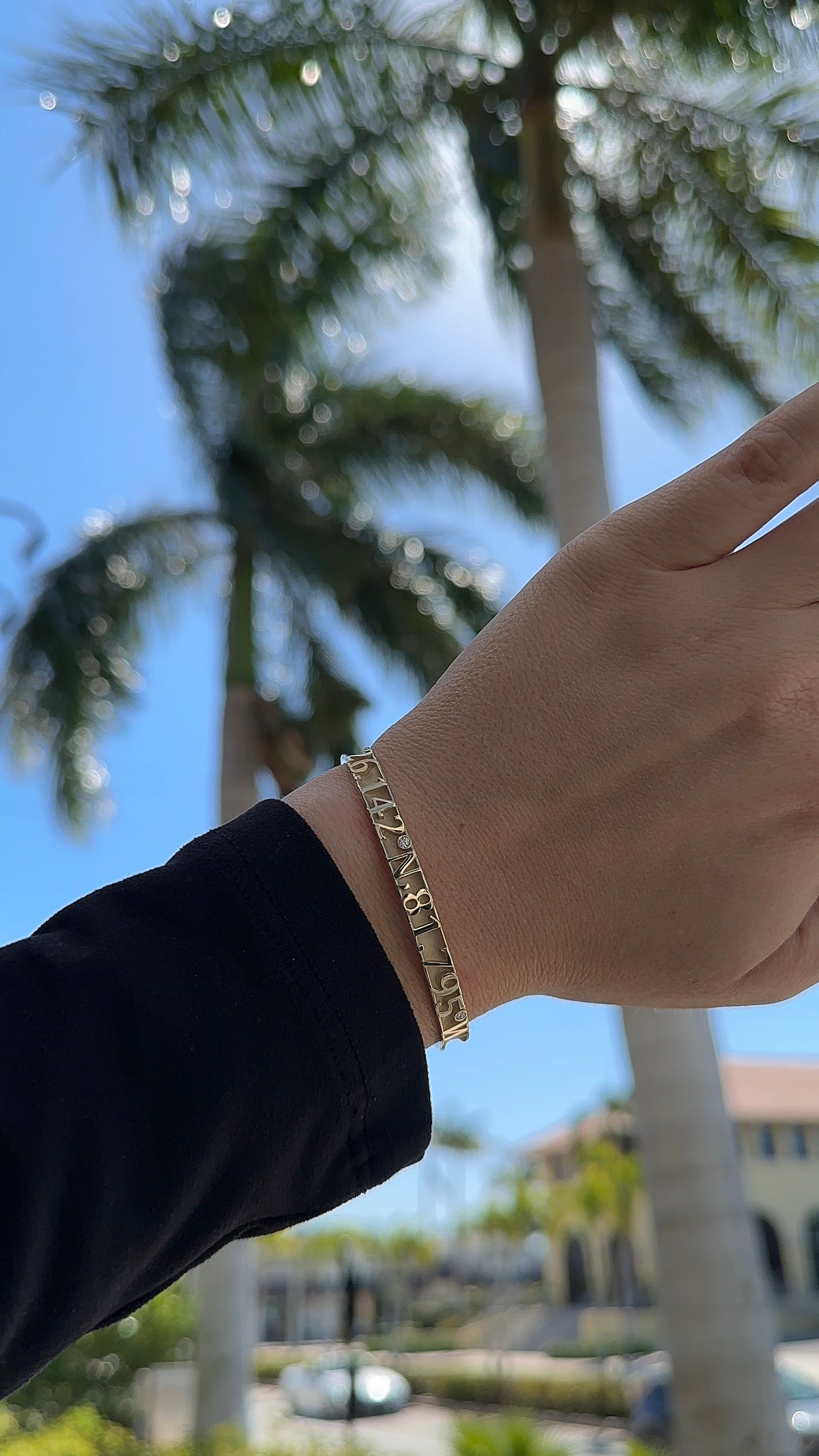 Hand wearing a gold bracelet with palm trees in the background
