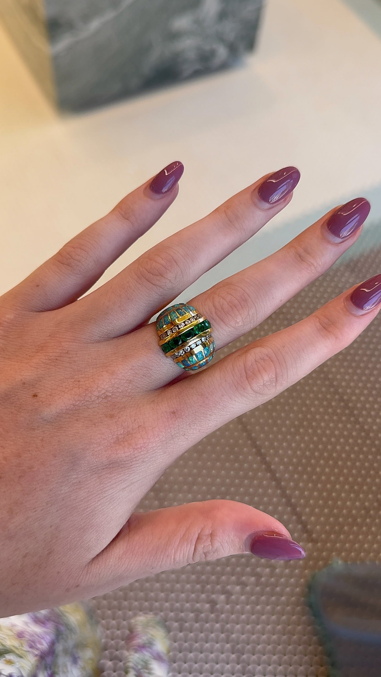 Estate Kabana Blue Fire Opal, Diamond and Emerald Ring – Henri Noël