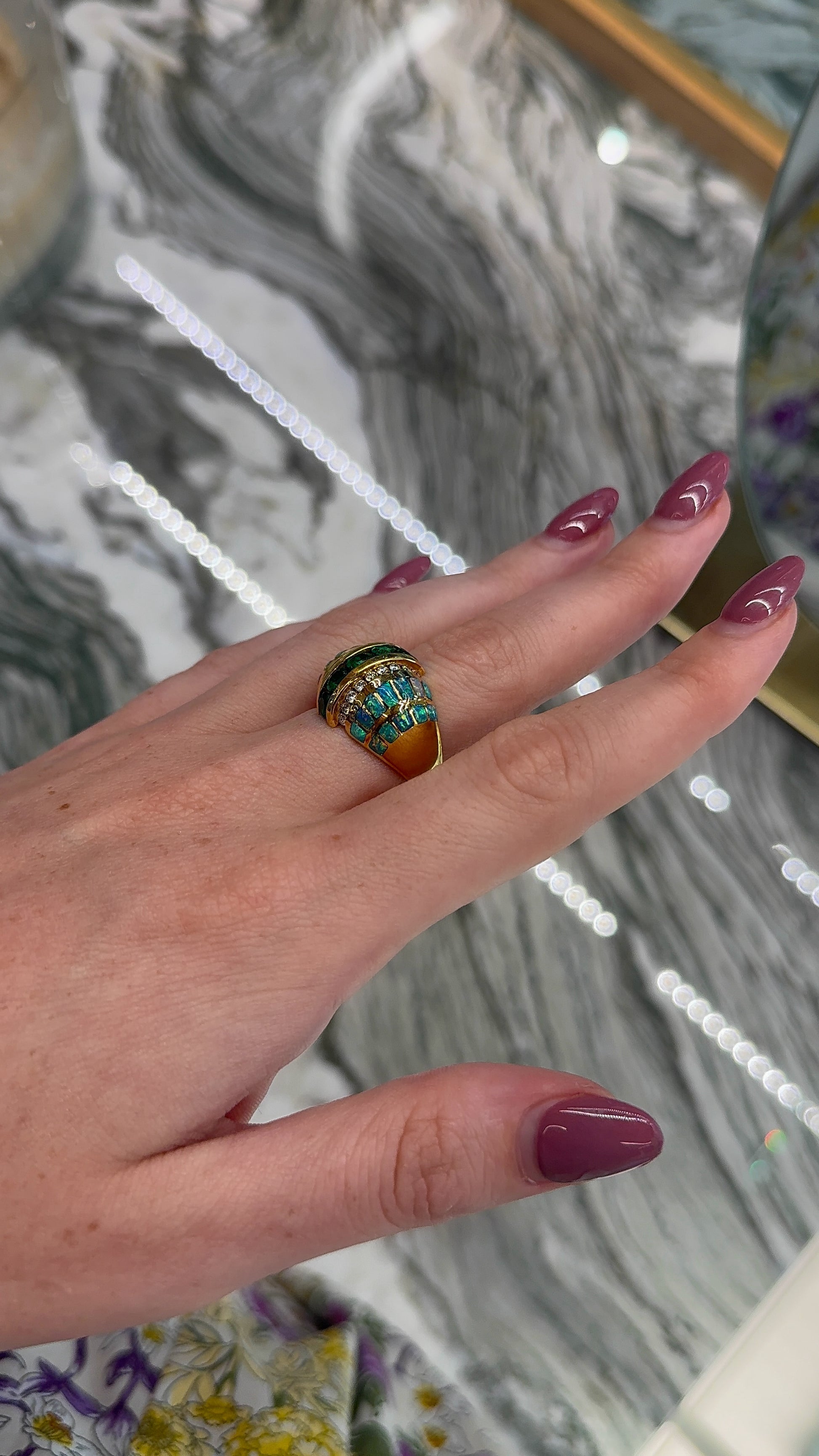 Estate Kabana Blue Fire Opal, Diamond and Emerald Ring – Henri Noël