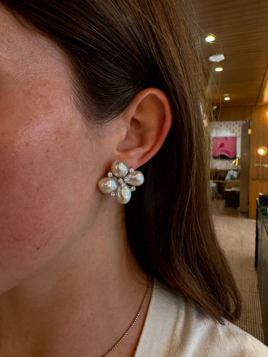 Flower Diamond and Pearl Earrings