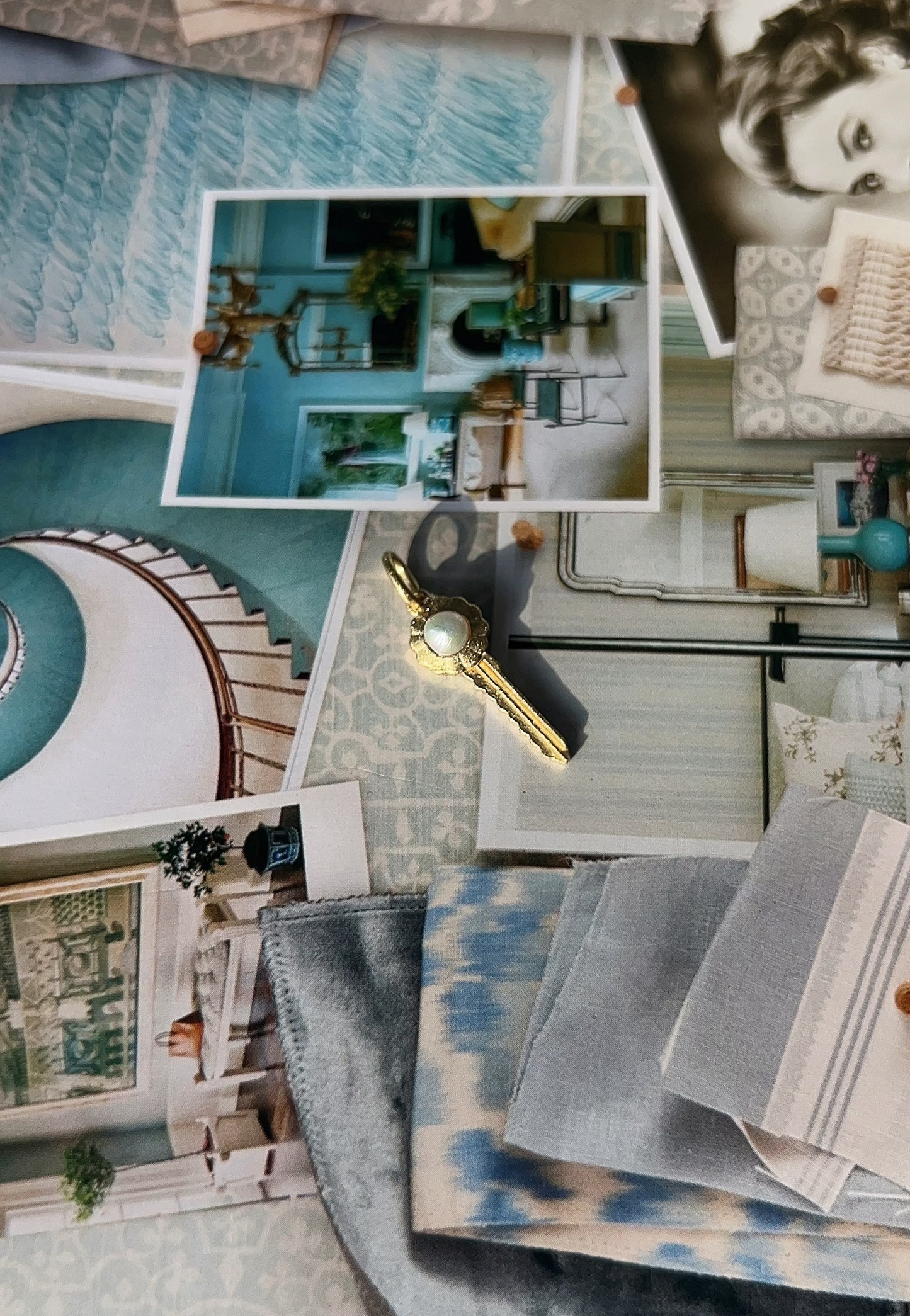 Collage of interior design swatches and photos on a white background