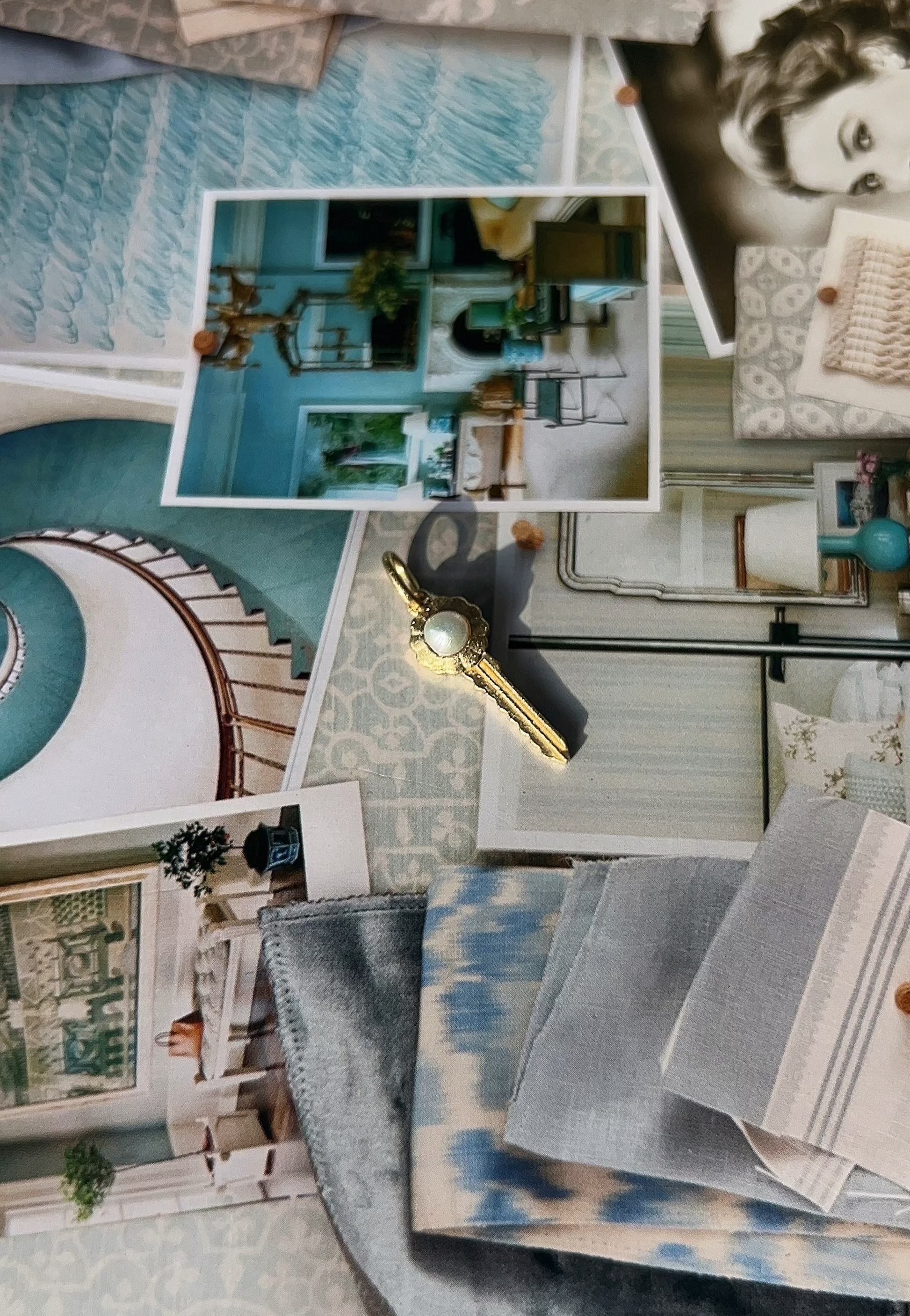 Collage of interior design swatches and photos on a white background