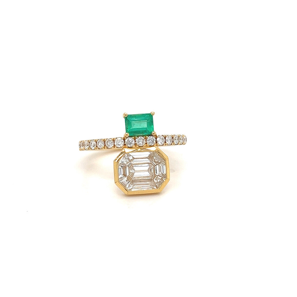 Emerald Baguette and Cluster Diamond Ring – Henri Noël